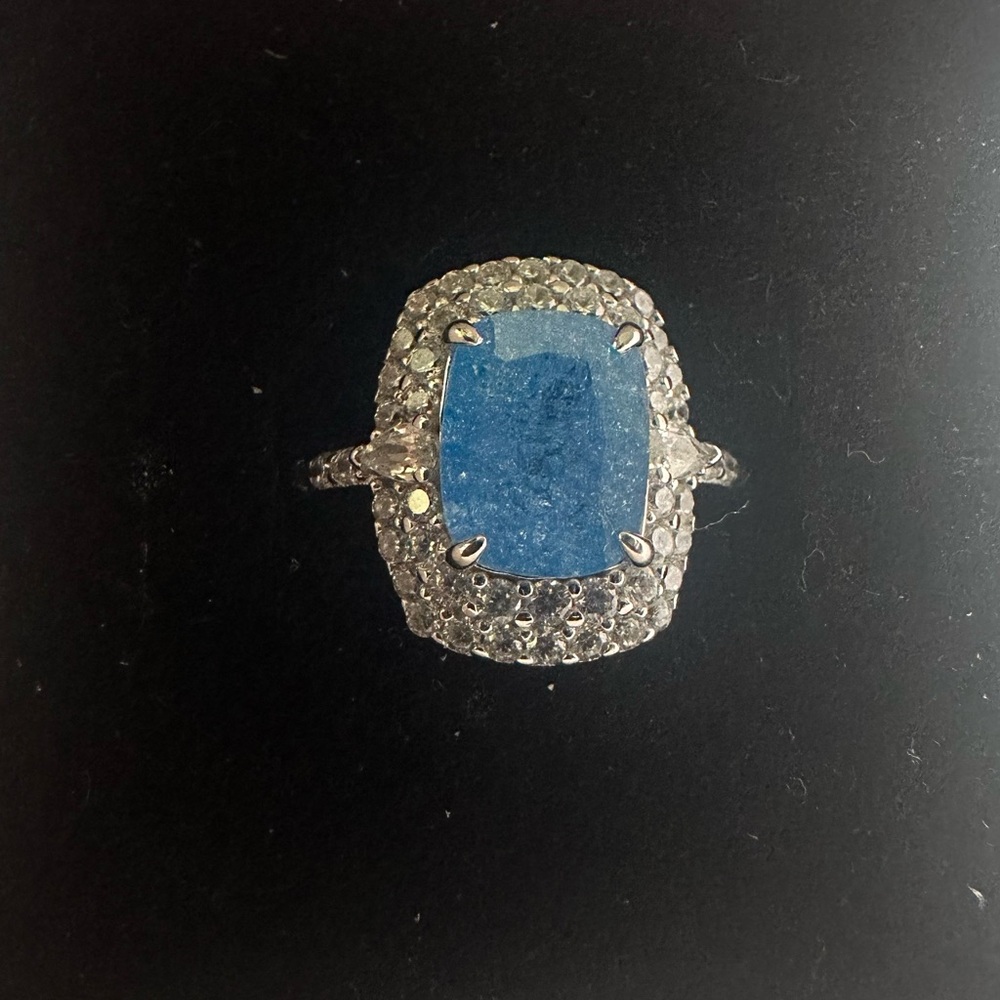 Blue Cushion Halo Ring with Pavé Silver Setting
